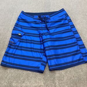 North Face Trunks Board Short Mens Size‎ 34 Beach Blue Black Striped Swim Logo